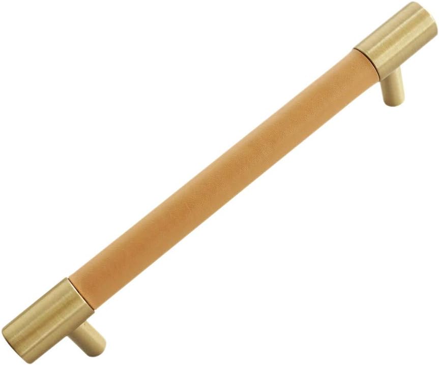 LBFEEL 3.78" 5" Modern Orange Leather Pull Handle Brass Drawer Pull Handle Kitchen Cabinet Door Knob Cupboard Pull Handle Hardware 96 128mm (3.78" Hole Centers)