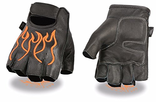MEN'S MOTORCYCLE RIDING LEATHER FINGERLESS GLOVES ORANGE FLAMES SOFT LEATHER (S Regular)