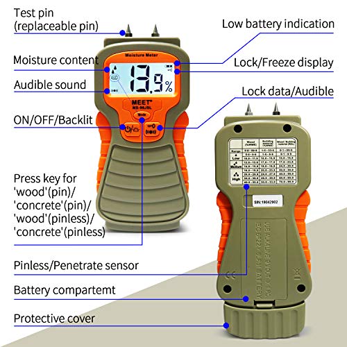 Pin & Pinless Moisture Meter, Digital Wood Moisture Tester, Non-invasive Pad + Pin Sensors Detector for Concrete, Drywall, Paper, Carpet, Backlit LCD Display with Audible Alarm - Thumbnail 5