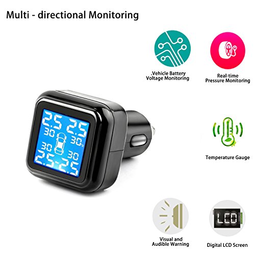 B-Qtech Tire Pressure Mointoring System Wireless TPMS with 4 External Sensors Cigarette Lighter Plug 0~72PSI