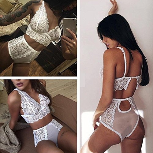 Lingerie For Womens Usstore Sexy Lace Flowers Intimates Underwear Outfits Nightclub Top Bra+Pant Set (White, 2XL) - Thumbnail 2