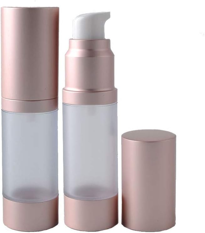 2Pcs 15ml 0.5oz Travel Empty Refillable Leak Proof Rose Gold Plastic Airless Vacuum Pump Lotion Bottle Cosmetic Container Jar Pot Vial Dispenser with Dust Cap for Foundations Serums Essence Etc