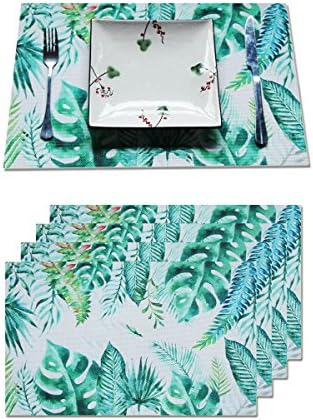 MUNION Placemats Sets of 4 Green Leaf Heat Insulation Stain Resistant Placemat for Dining Table Place Mats Set Anti-skid Washable PVC Placemats Crossweave Woven Vinyl Kitchen Table Mats