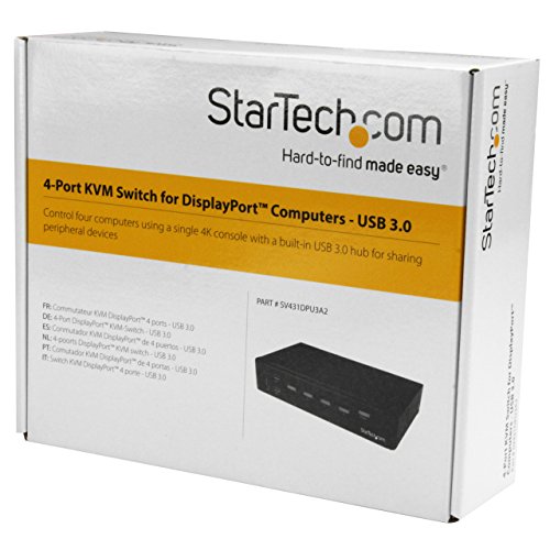 StarTech.com 4-Port DisplayPort KVM Switch with Built-in USB 3.0 Hub for Peripherals - 4K (SV431DPU3A2)