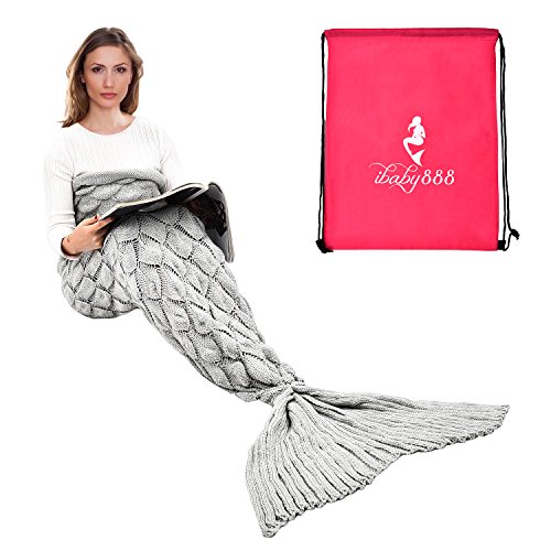 Handmade Mermaid Tail Blanket Crochet , iBaby888 All Seasons Warm Knitted Bed Blankets Sofa Living Room Quilt for Adults, Fish-scales Pattern, 76.8" x 35.5" (195 x 90cm), Luxury Grey