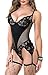 Moonight Hollow Out Deep V Lace Bodysuit, Women's Lingerie Lace Teddy Underwear with Garter Belts Black