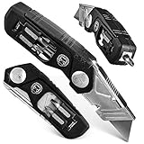 Folding Utility Knife, Box Cutter W/Screwdriver & Bits Wire Stripper Tool, Quick Release Replaceable Blades & Safe Lock, Heavy Duty with Belt Clip, Easy Pocket Storage W/Refills