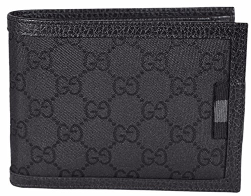 Gucci Men's Smooth Canvas GG Web Tab Trifold Passcase ID Wallet (Black)