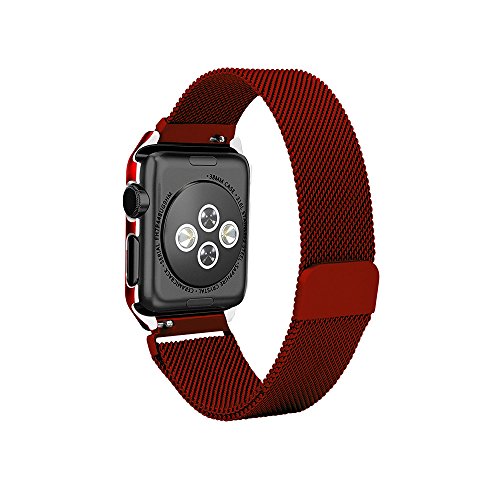 AHXLL Apple Watch Mesh Milanese Loop stainless Steel Replacement iWatch + Metal Protective case for Apple Watch Series 3, Series 2, Series 1, Sport& Edition (Red, 38MM)