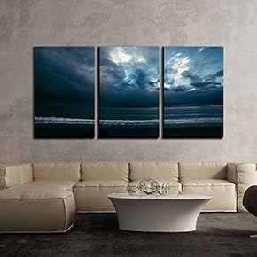 3 Piece Canvas Wall Art - Ocean at Dusk Under Cloudy Sky - Modern Home Art Stretched and Framed Ready to Hang - 16"x24"x3 Panels
