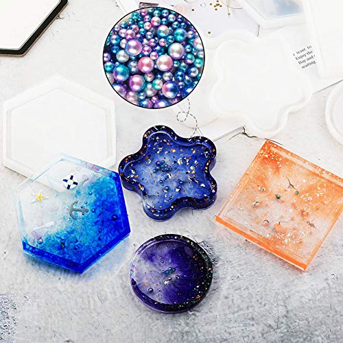 Jatidne Resin Molds Coaster Silicone Molds for Resin Epoxy Casting Molds 4 Pieces Shapes with Flowers and Beads DIY Craft Making