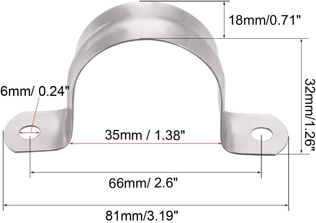 sourcing map 35mm(1.4") Rigid Pipe Strap, 2 Holes 304 Stainless Steel Tension Tube Clip Clamp 8pcs, Silver - Image 3