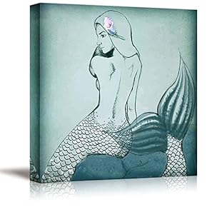 Canvas Prints Wall Art - Mermaid Sitting on The Stone| Modern Wall Decor/Home Decoration Stretched Gallery Canvas Wrap Giclee Print. Ready to Hang - 12" x 12"