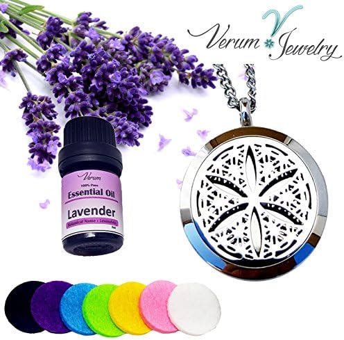 Essential Oil Diffuser Necklace Pendant Locket - (Tree of Life) Stainless Steel Aromatherapy - Jewelry Gift Set - Includes 5ml bottle of Verum Essential Oil