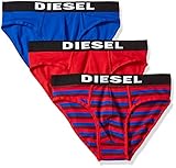 Diesel Men's 3-Pack Andre Yarn Dye Cotton Stretch Brief, Red Stripe/Blue/Red, Large