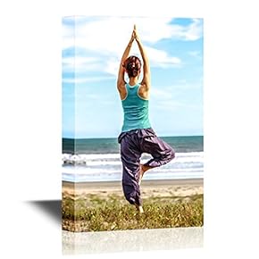Canvas Wall Art - Woman Practicing Yoga on The Beach - Gallery Wrap Modern Home Art | Ready to Hang - 12x18 inches