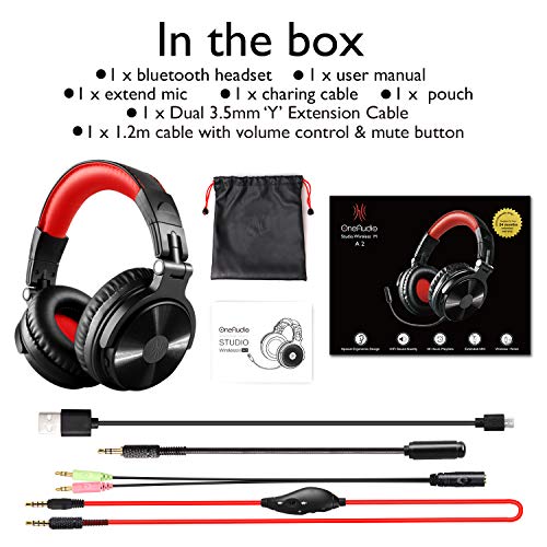 Bluetooth Over Ear Headphones, OneOdio Wired Gaming Stereo Headsets w/Detachable Mic for PS4, Xbox one, PC, Cell Phones, Office, Wireless Headset w/ 30 Hrs Play Time - Studio Wireless(Y80B)