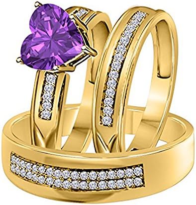 ArtLine Jewels 14k Yellow Gold Fn Heart Shape Amethyst &amp; CZ Stone His &amp; Her Wedding &amp; Engagememt Trio Ring Set