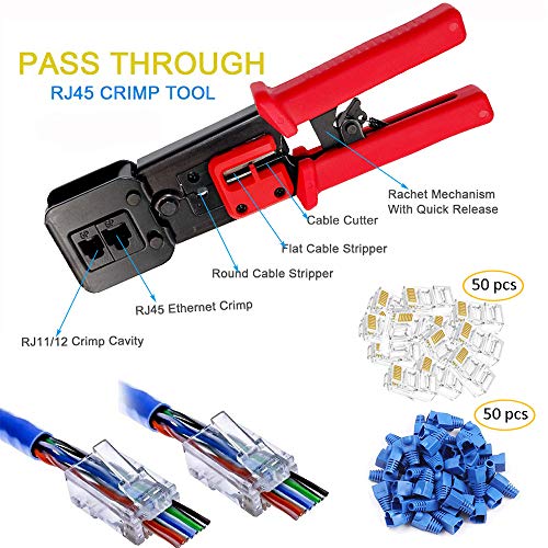 LEATBUY RJ45 Crimp Tool Set for RJ11/RJ12 Pass Through Cat5/Cat5e/Cat6 Crimping Tool for Regular End-Pass-Through with 50PCS Connectors, 50PCS Covers Network Wire Stripper Kit(RED)