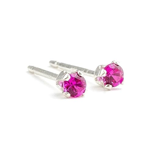 3mm Tiny Hot Pink Ruby Gemstone Stud Earrings in Sterling Silver - July birthstone