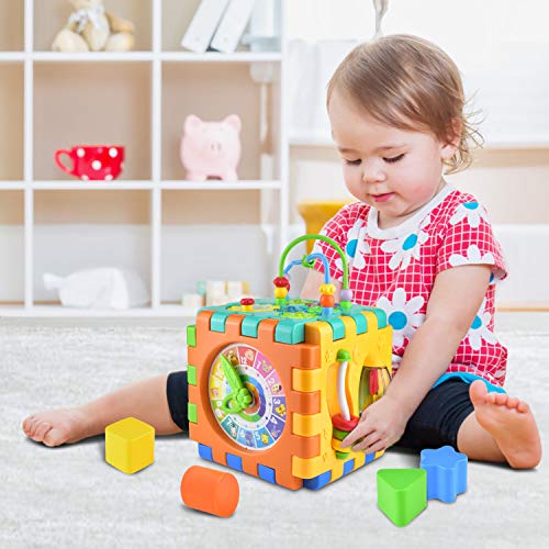Alcoon Activity Cube 6 in 1 Multipurpose Play Center for Kids Toddlers Busy Learner Cube with Shapes Maze Music Gears Clock Educational Game Toys