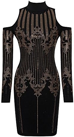 Casfer Women Winter Diamonds Sexy Bandage Dress Black Long Sleeve High Neck Turtleneck Strapless Lady Evening Party Dress
