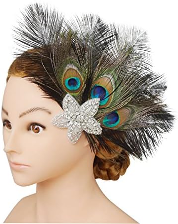 Blank K Vintage Peacock Feather Hair Clip with Full Rhinestone Flower Carnival Theme Party Headpiece