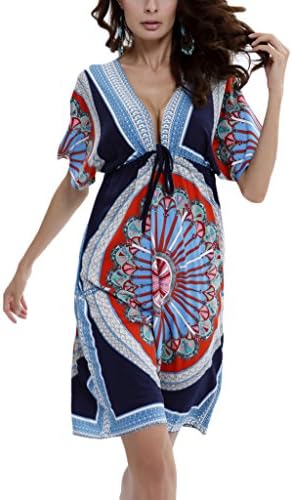 Risesun Women's Low-Out Short Sleeves Bohemia Bathing Suit Beach Dress Cover Ups
