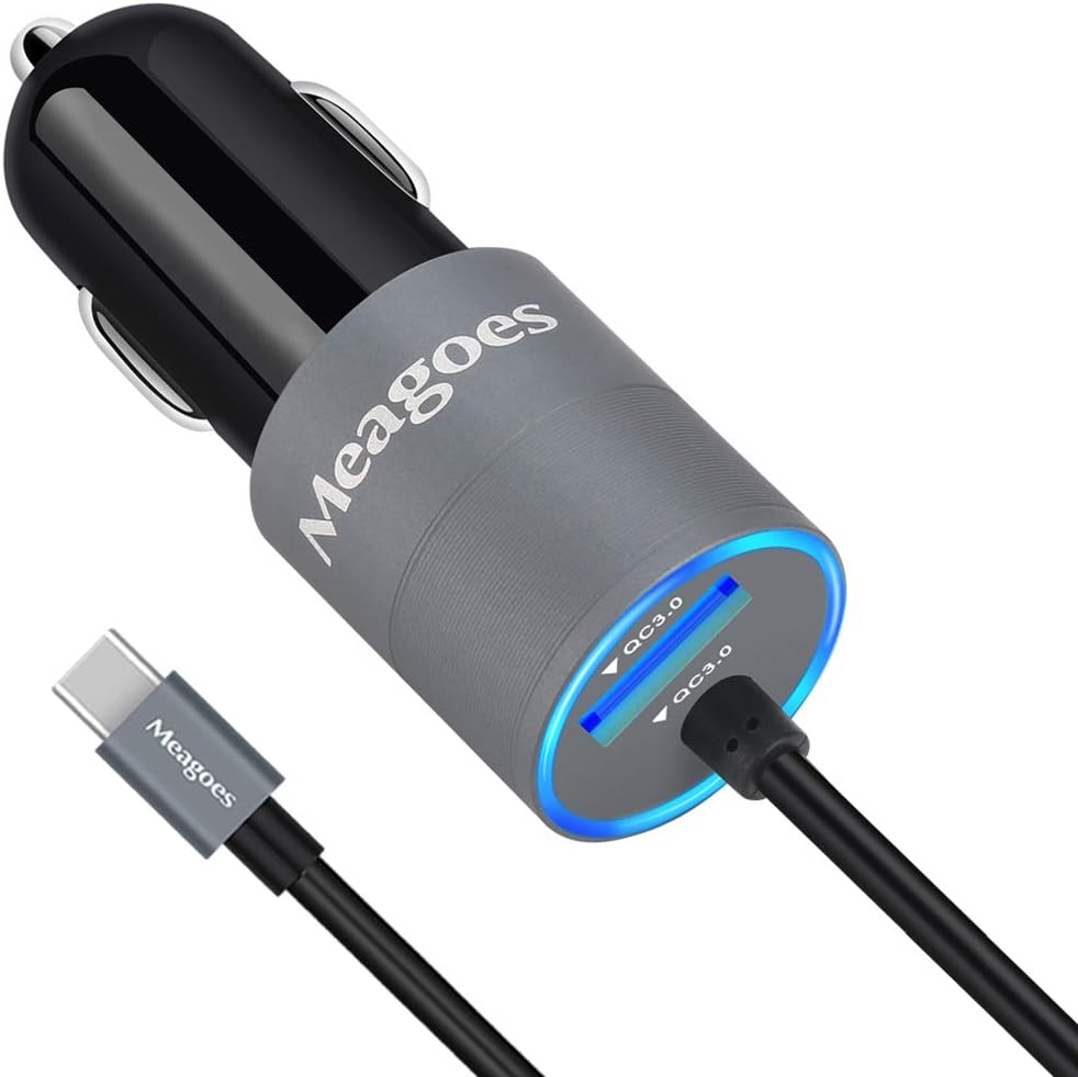 Meagoes Rapid Car Charger, Compatible for LG V50 ThinQ/V40/V35/V30, LG G8 ThinQ/G7/G6, Moto Z4/Z3/G7/G6, and More, Dual Quick Charge 3.0 Port Car Adapter, Built-in Straight USB C Charging Cable Cord
