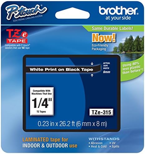 Genuine Brother 1/4" (6mm) White on Black TZe P-Touch Tape for Brother PT-1800, PT1800 Label Maker