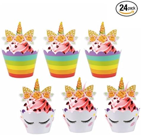 Unicorn Cupcake Toppers and Double Sided Wrappers Set of 24- Birthday Supplies- Kids Party Decorations