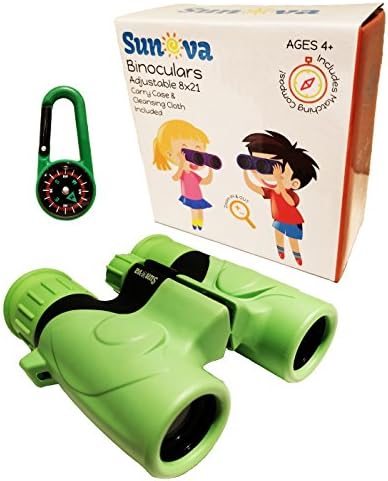Sunova Kids Binoculars 8x21 Hi Res Optical with COMPASS Wrist Strap Carrying Bag for Boys and Girls - Shock Proof - Bird Watching - Hiking - Hunting - Outdoor Toy - Learning - Birthday Gift