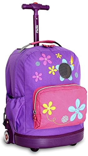 Kids Purple Pink Floral Pattern Rolling Backpack, Fashionable, Wheeling School Bag, Pretty Flowers Suitcase, Lightweight Softsided, Girls School Duffel Wheels