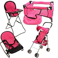 Mommy & Me Doll Collection 4 In 1 Baby Doll Accessories Mega Deluxe Playset with Doll Stroller, Doll High Chair, Doll Bouncer, and Doll Pack N Play Baby Doll Crib, Fits 18 Inch American Girl Doll, Pink