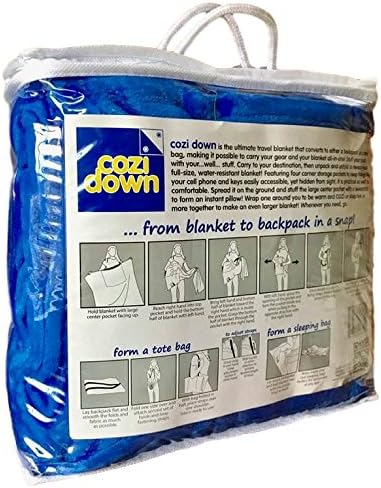 Cozi Down - Plush Blanket - Throw Blanket - Converts to Backpack, Sleeping Bag - Adult or Child - 60Ó x 80Ó (Ocean Blue)