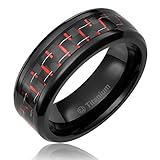 8MM Mens Titanium Ring Wedding Band Black Plated with Black and Red Carbon Fiber Inlay [Size 12]