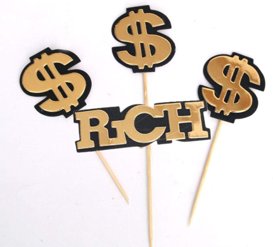 Haodeba 4Pcs Novelty Cake Toppers Dollar Sign Rich Cupcake Toppers