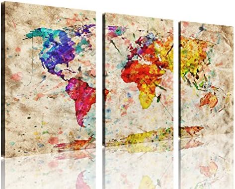 TutuBeer Large 30"x 60" 3 Panels 30x20 Art Canvas Print Original Wonders of The World Old Paper Map Vintage Wall Decor Home Interior Colorful Vintage World Map Canvas for Home Wall Decor