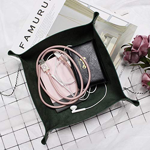Acronde PU Leather Valet Tray Jewelry Tray Box Bedside Storage Tray Desk Organizer Trays Personalized Leather Catchall for Coin Key Phone Wallet Watches Glasses Catchall (Dark Green) - Thumbnail 5