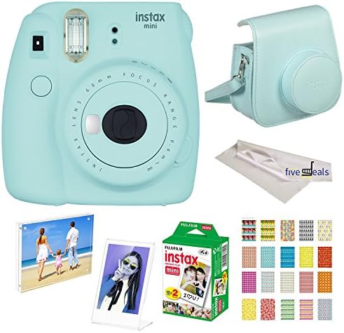 Fujifilm Instax Mini 9 instant Fuji Camera ICE Blue + Camera Case + instant Mini 9 Film Twin Pack + instax Picture Frame + instax Magnet Frame + 20 Border Stickers Kit +FREE Cleaning cloth (Ice Blue)