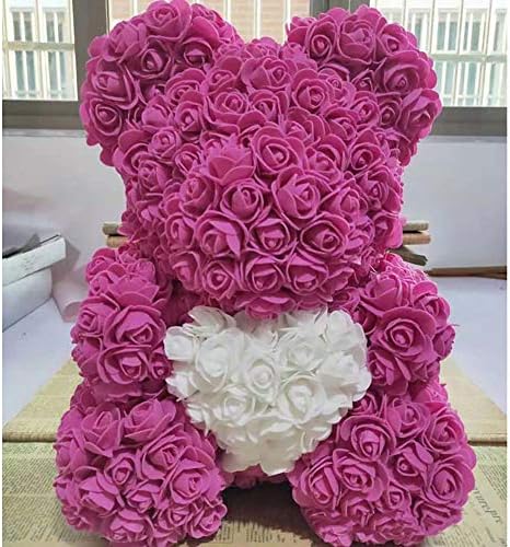 PROOY Rose bear standing hand holding heart artificial eternal flower rose bear, birthday holiday anniversary Valentine's Day fine gift,Pink