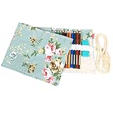 Damero Canvas Pencil Wrap of 72 Color Pencils, Roll Case for Pen, Travel Pencil Holder(No Pencil Included), Green Peony
