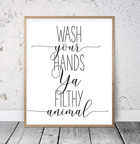daoyiqi Wood Pallet Plaque with Frame Bathroom Wall Decor Wash Your Hands Ya Filthy Animal, Funny Print, Bathroom Sign, Shower Printable, Typography Wall Art, Bathroom Prints Quote Sign