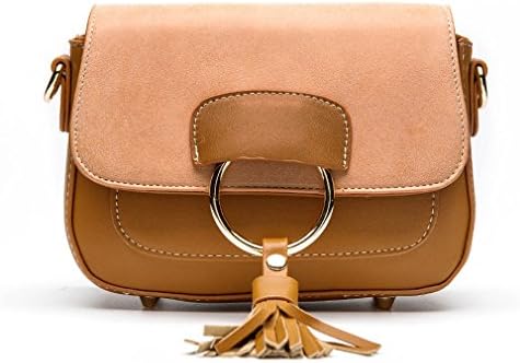 Tassel Saddle Bag Patchwork Women Flap Shoulder Bag PU Leather Messenger Crossbody Bag Brown 20x13x7cm