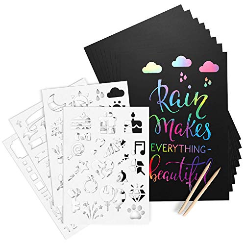 ARTEZA Scratch Paper Set of 42, 10.9x8.2 inch Sheets, Art Set Include: 4 Unique Patterns, 4 Scratchers, 4 Stencils, 4 Post Cards, for Kids, Art & Craft Classrooms and DIY Projects