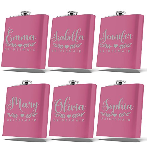 Set of 6, Set of 3, Single - Personalized Flask, Bridesmaid Gifts, Groomsmen Gift, Customized Groomsman Flasks, Wedding Favors, Matte Pink (6)