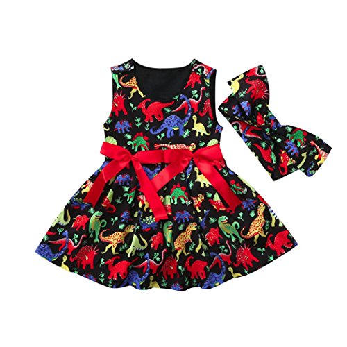Ankola Girl's Summer Dress,Toddler Baby Girls Cartoon Dinosaur Print Sleeveless Dress+Headband Clothes Outfits (Black, 3T)
