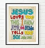 Bible page -Jesus Loves Me this I know for the Bible Tells me so - John 3:16 - Vintage verse scripture ART PRINT, UNFRAMED Christian Childrens nursery wall decor poster gift, 8x10 inches