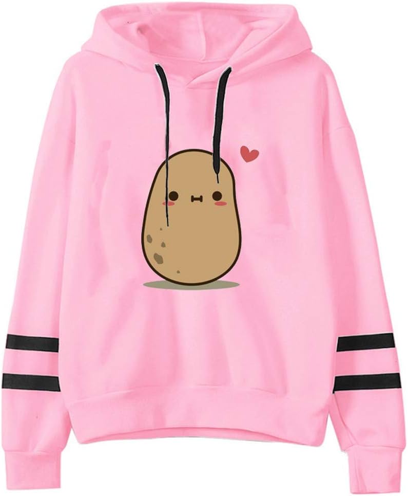 STORTO Womens Hooded Sweatshirts Cute Potatoes Pattern Teen Girls Hoodies Casual Loose Pullover Sweatshirt Outwear