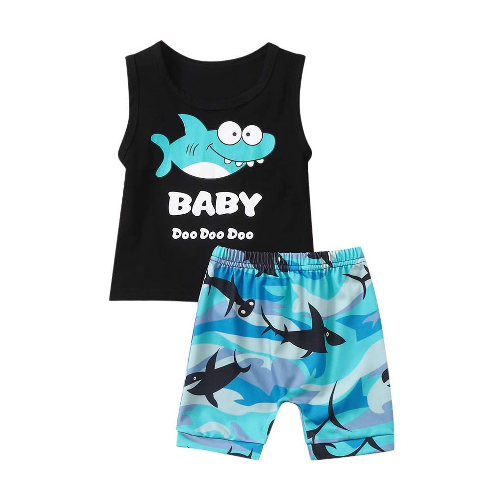 JoyJayBaby Clothes Set（12M-4Y Children Toddler Kids Baby Boy Girl Sleeveless Cartoon Shark Letter Print Tank Top + Shorts Set 2Pc Clothes Set,Kids Summer Party Clothes Set